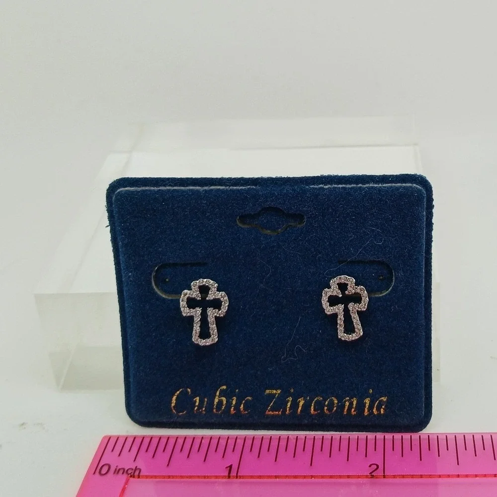 Micro Pave Vintage 1990s Cubic Zirconia Cross Stud Earrings Silver Tone Rare New